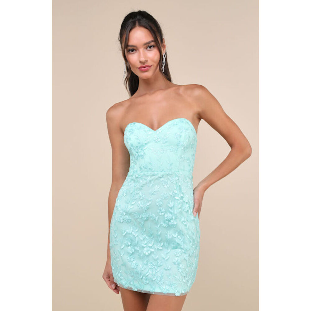 Lulus Exquisite Sensation Teal Floral Embroidered Strapless Mini Dress Blue